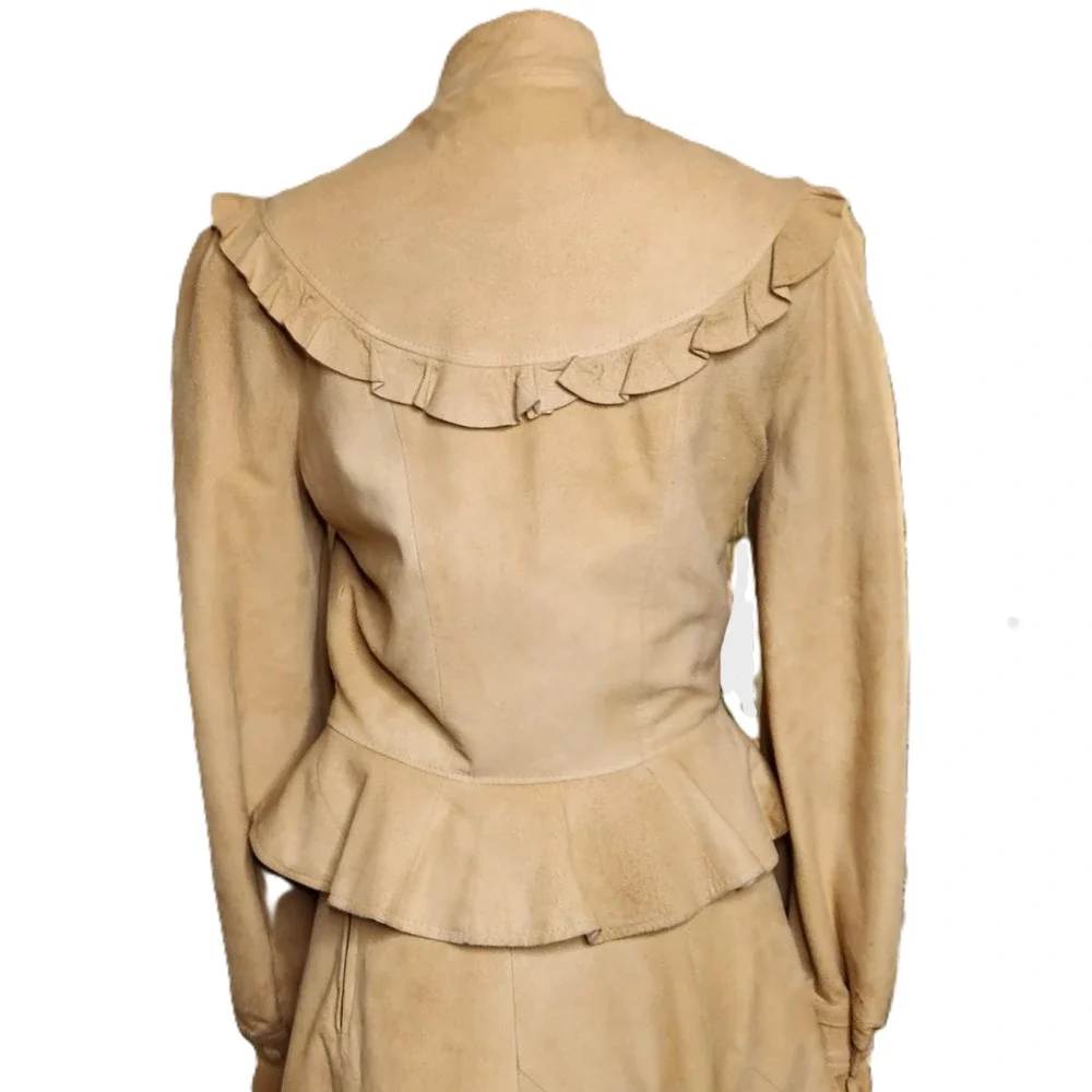 Vtg 70's PIONEER WEAR fit 8 Tan Suede Leather Ruffle Jacket & Skirt Western Boho - Picture 6 of 16